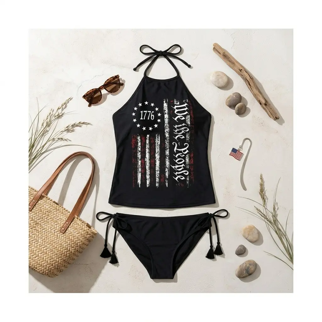 Patriotic 1776 "We The People" Tankini Set | Vintage Flag Halter Two-Piece Swimsuit with Side-Tie Bottoms