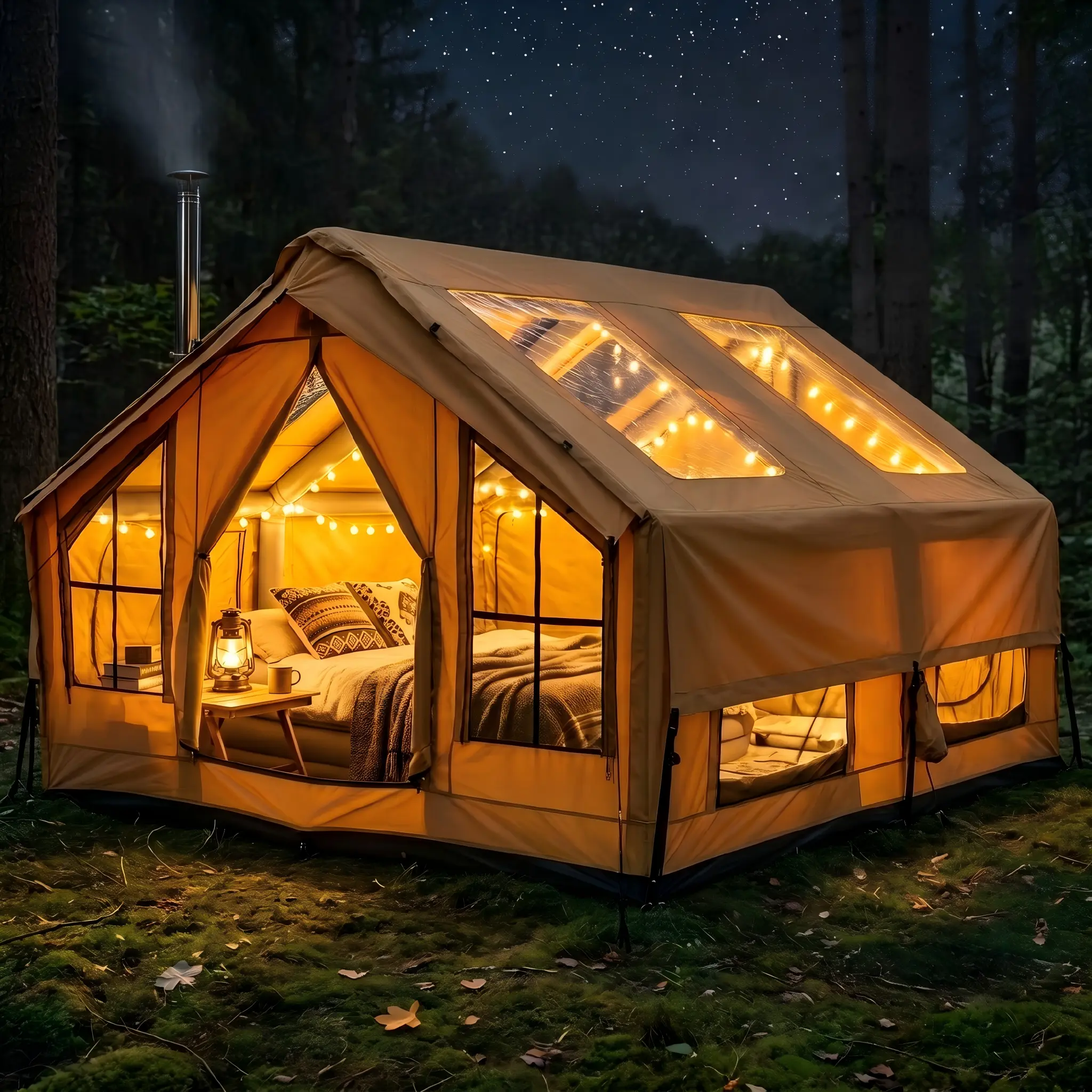 SENLEETO Luxury Inflatable Glamping House Tent 5-8 Person - 4-Season All-Weather Waterproof Cabin Shelter with AC Hose Hole, Stargazing Clear Skylight & Heavy-Duty 600D PVC Bottom