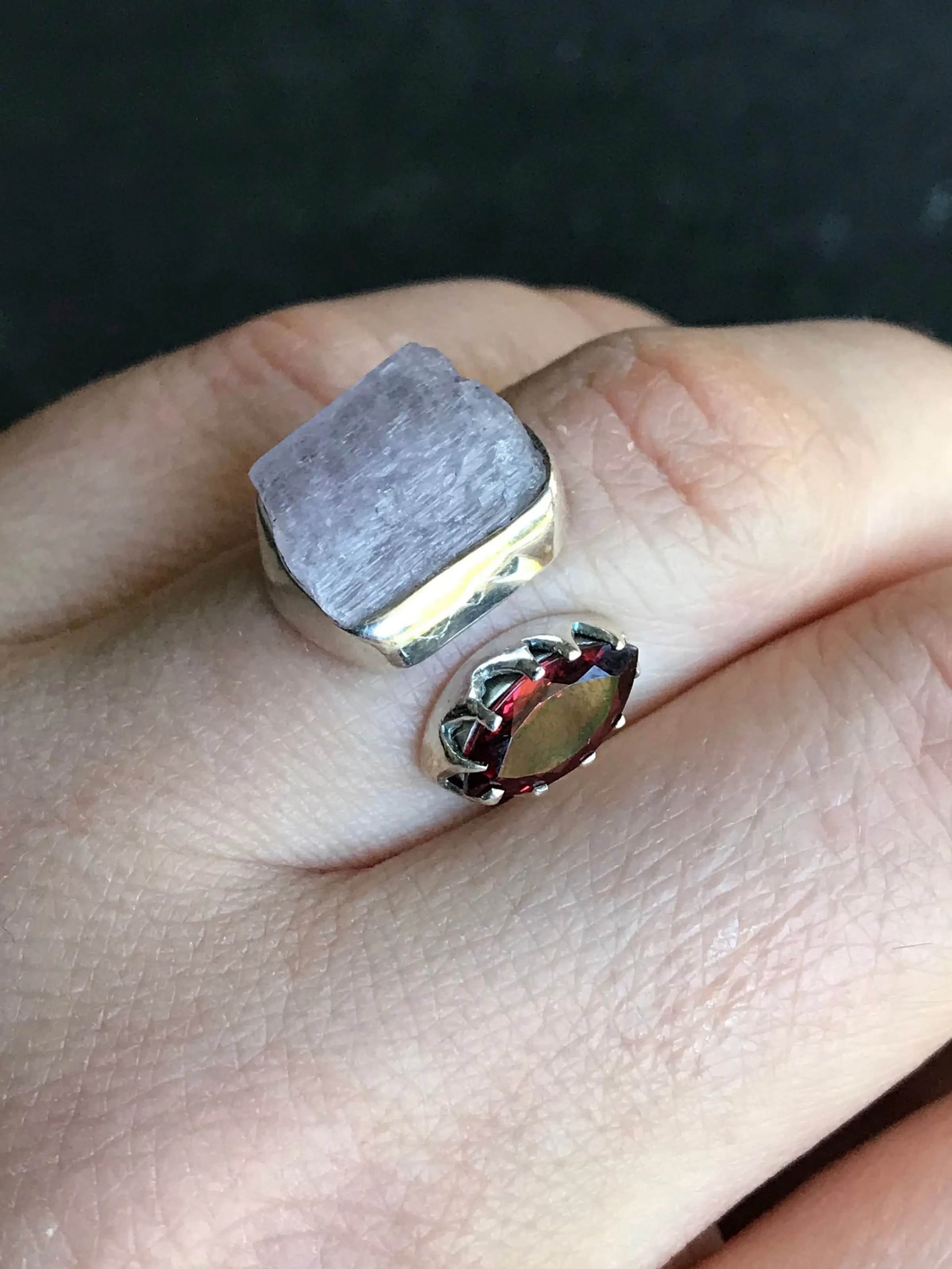 Raw Morganite and Garnet sterling silver ring, Morganite ring size 7