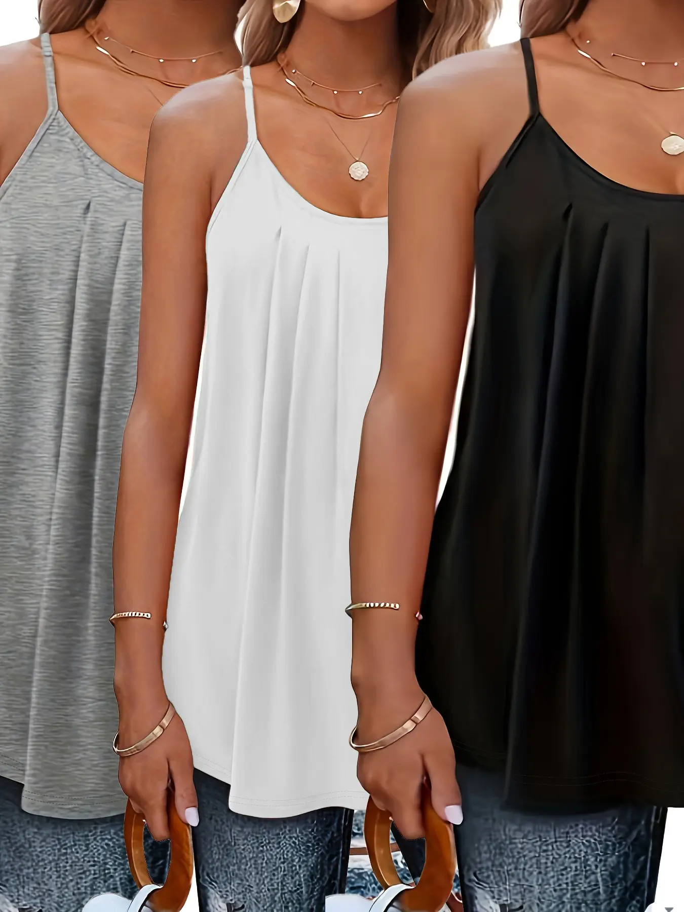 Elegant Plus Size Tank Tops and Camisoles Set, Sleeveless, Spaghetti Strap, Womenswear, Casual Flattering Sleeveless, Basic, Fit, Fitted, Elegance, Medium Stretch, Round Neck, Plain Backless Design, Spring Summer Wear, Backless Knit Cami