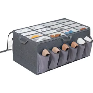 Closet shoe organizer, shoe storage solution with clear cover and adjustable dividers, fabric shoe box holds 16+12 pairs of shoes, gray, 1-pack