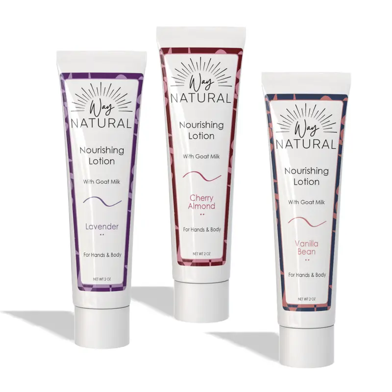 Lavender Cherry Almond Vanilla Bean Goat Milk Lotion | Way Natural | 3 Pack 2 oz per | Moisturizing Hand Cream For Dry Skin Relief | 100% REAL RAW GOAT MILK | Natural | Creamy and Soothing | Non Greasy, Quick Dry Lotion | Made in USA