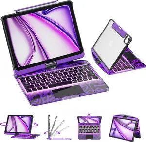NAIDUN Latest 360 Swivel Keyboard with Y2K Style Transparent Case for iPad Tablet Accessories Backlit Keys Silicone Material Purple