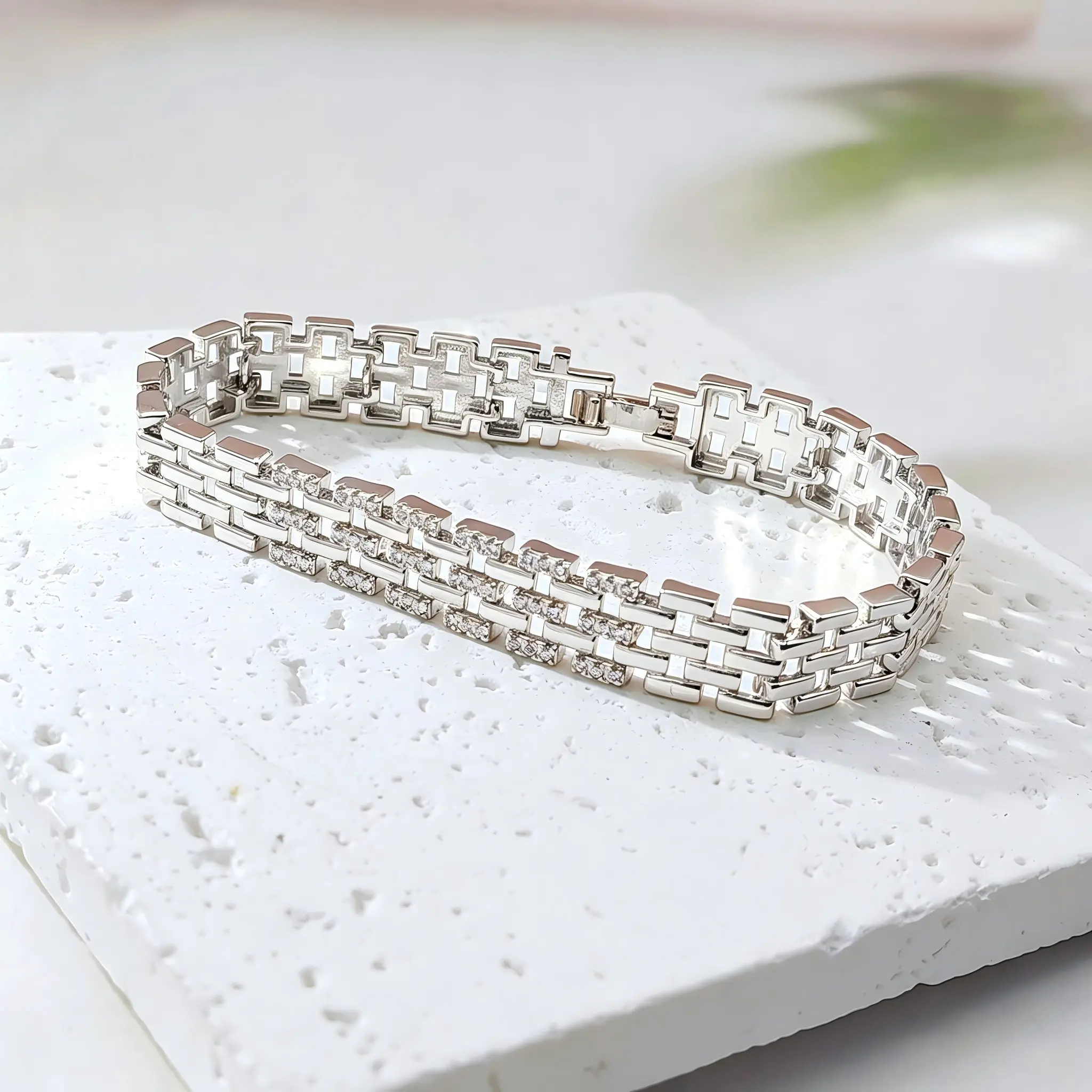 Silver Plated Solid Copper Multi Layer Rectangular Chain Bracelet, Inlaid Shiny Clear Rhinestone Pave Setting Link Wrist Bangle, Elegant Bling Stackable Fashion Jewelry Gift for Ladies Birthday Party
