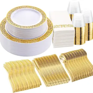 FOCUSLINE 175 Ct Silver, Gold Dinnerware Set for 25 Guests, Plastic Plates with Silver Lace Rim Design, Including 25 Disposable Dinner & Dessert Plates, Cups, Napkins, Cutlery Set