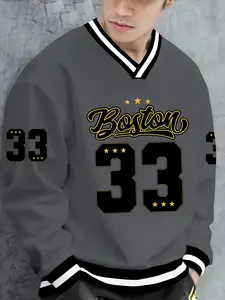 Men's V Neck Graphic Sweatshirt, Preppy Style, Fitted Design, Moderate Stretch, All Season Wear, Perfect Layering Piece