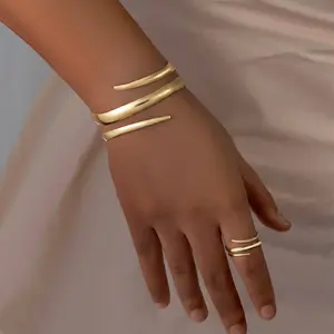 trendy all-matchMinimalist Plain Bracelet Ring Set Gold Color Wound Line Geometric Design Fashion Jewelry Gift Quality Materials Stackable Style for Women moon