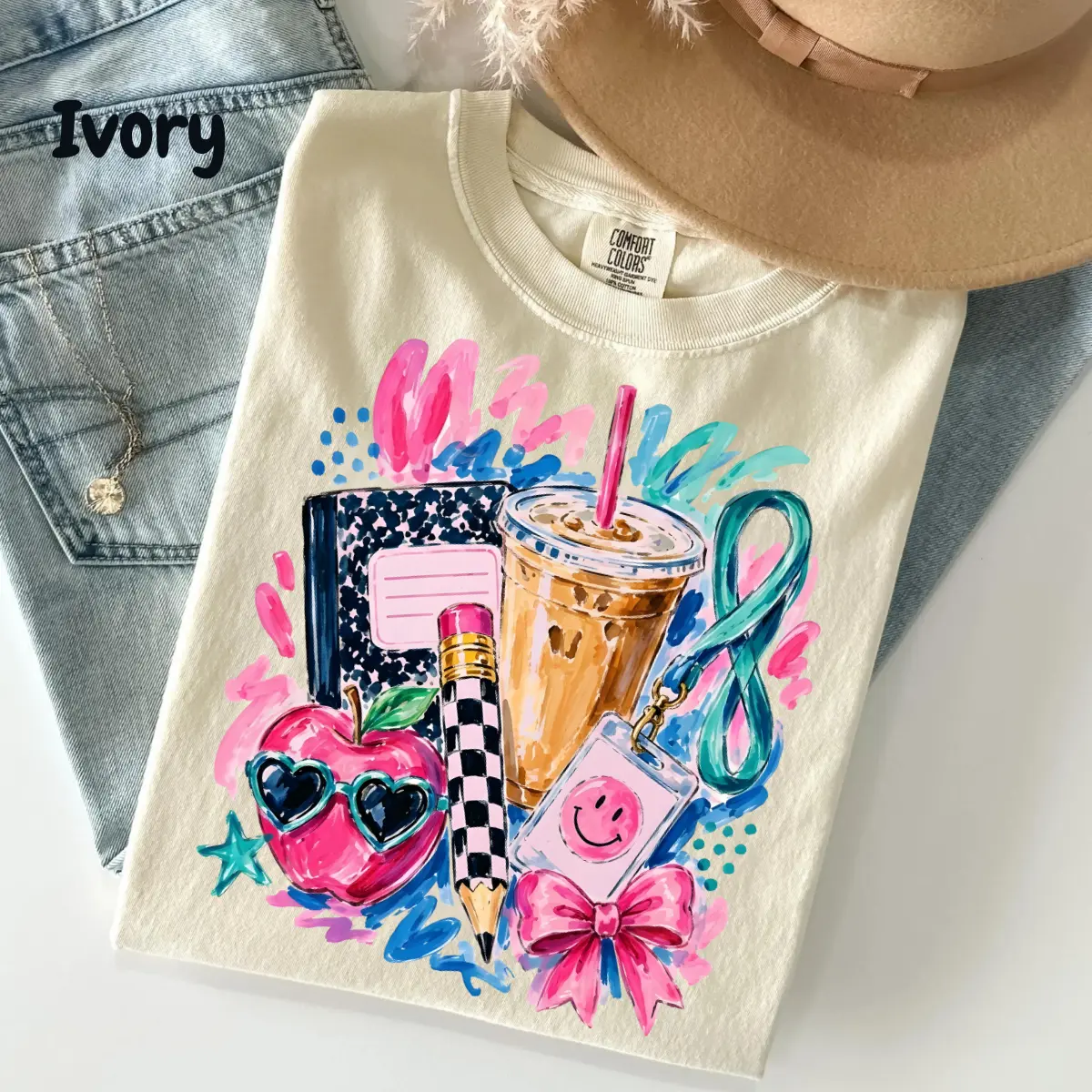 Preppy Teacher Comfort Colors Shirt, Watercolor Iced Coffee Graphic Tee, Coquette Teacher T-Shirt, Back to School Teacher Shirt, Cute Classroom Apparel