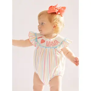 Striped "I Love Mama" Smocked Bubble Romper