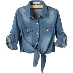 Women's Roll Up 3/4 Sleeve Tie Front Knot Shirt Chambray Denim Crop Top