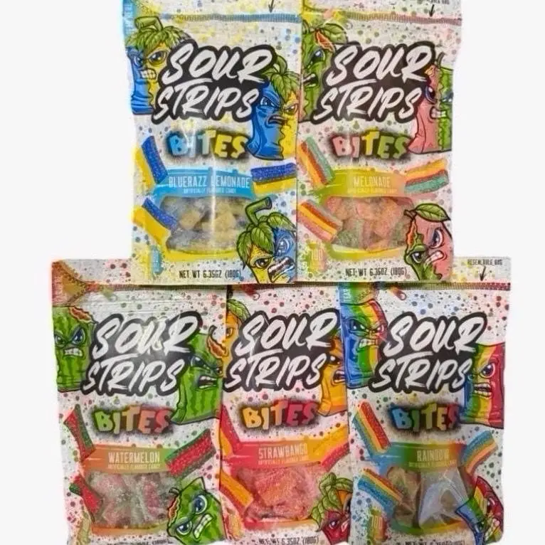 5 Pack Sour Strips Bites 6.35oz Candy - Watermelon, Rainbow, Bluerazz Lemonade, Strawbango & Melonade Snack Fruit Sweet Bonbon variety gummy the Fruity Berry Artificial Puff