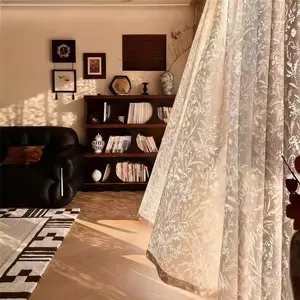 Cream Vintage Embroidered Moon Branch Shadow Linen Curtain, High-End Hollow Out Finished Window Shade for Bedroom Living Room, Home Decoration Curtain