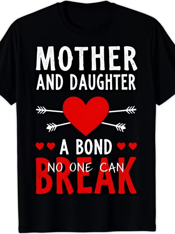 Women's Comfortable Short-Sleeve T-Shirt - Black Dacron, Unisex Style, Round Neck, Unbreakable Heart Print (Mother-Daughter Bond Symbol), Red & White Family Love Design, Casual Retro, Tshirt