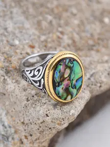 Luxury Men's Statement Ring – 316L Stainless Steel, 18K Gold Accented Abalone Shell, Tarnish-Free & Durable