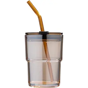 13oz/400ml Tumbler Water Glass, Cups with Straw and Lid Sealed Carry on for Coffee, Iced Tea, Thick Wall Insulated Glass Cup (Amber)-