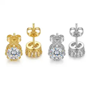 Crown Moissanite Stud Earrings for Women – 1 Carat Diamond Look, 925 Sterling Silver, Tarnish Resistant, Hypoallergenic, Gold & Silver