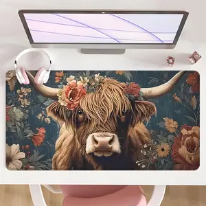 Mouse Desk Pad Non-Slip Mouse Pad Large Gaming Mouse Pad With Rubber Base & Stitched Edge Highland Cow Floral Art Design Desk Protector Mat Office Desk Accessories, Gaming Desk Accessory For Home Office Gift Decor