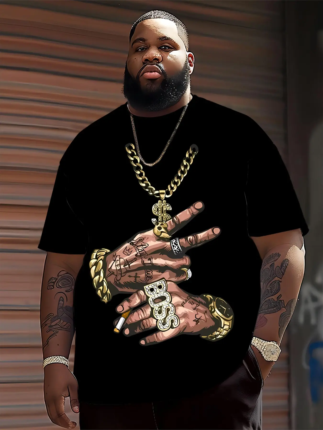 Men's Plus Size T-Shirt, American High Street Gold Chain Print, Soft Breathable Fabric, All Seasons Comfort, Fashion New Trend Casual Top, Casual Summer Clothing