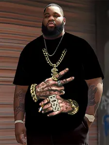 Men's Plus Size T-Shirt, American High Street Streetwear Gold Chain Print, Soft Breathable Fabric, All Seasons Comfort, Fashion New Trend Casual Top
