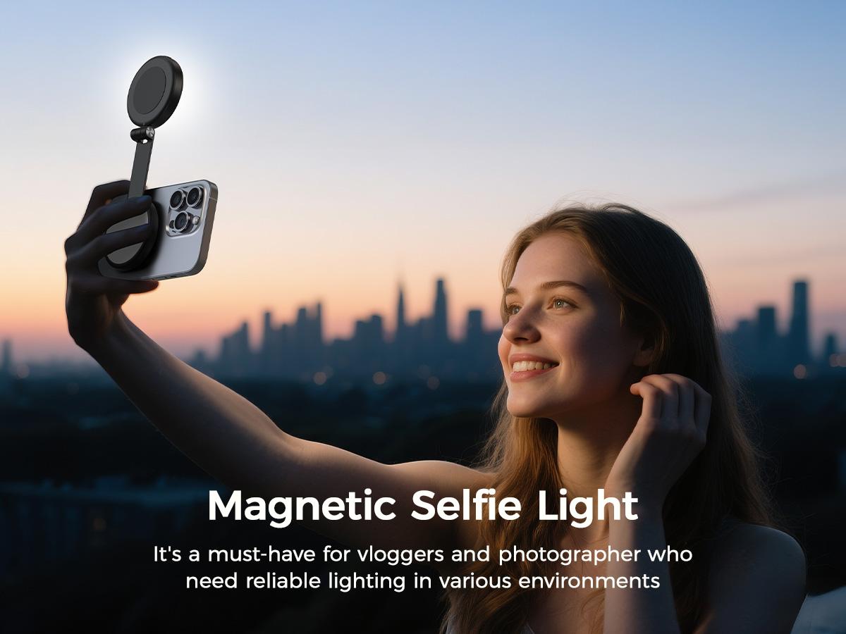 2026 New 3 in 1 Three-level brightness adjustable magnetic circular LED selfie fill light, rechargeable, foldable, with phone holder and mirror, compatible with various mobile phones, suitable for Vlog / live streaming fill light.