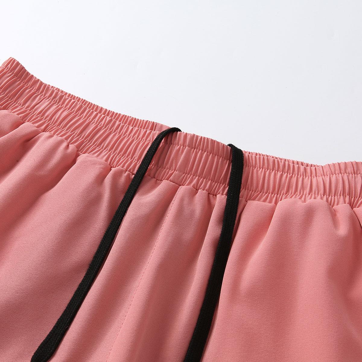 Women’s summer shorts: double-layer faux two-piece mid-length knit pants made from polyester–spandex fabric; breathable, quick-drying compression base layer shorts with elastic drawstring waist; suitable for fitness training, casual sports, and running.