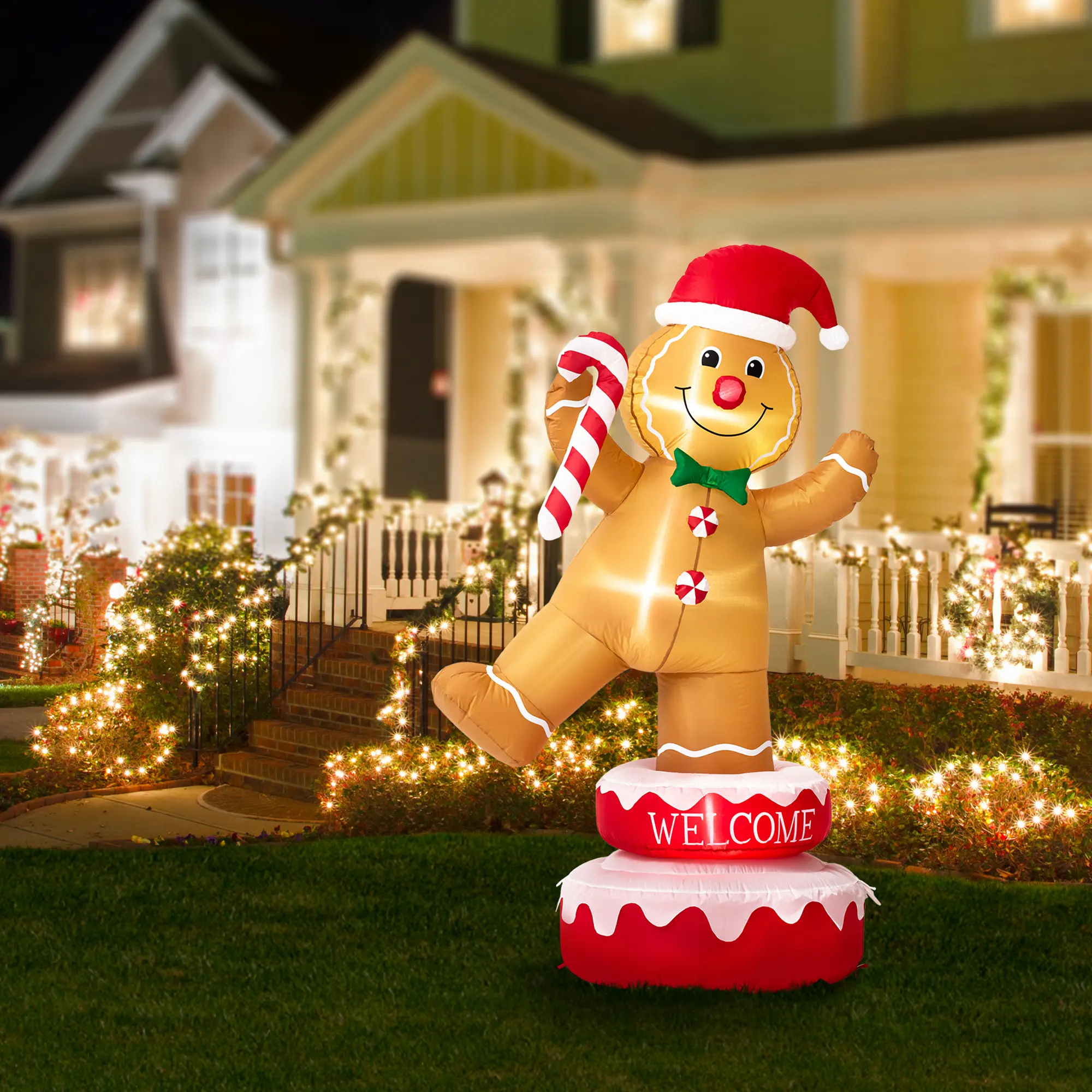 【Christmas in July】 Glitzhome 6FT Lighted Inflatable Rotating Gingerbread Man Decor