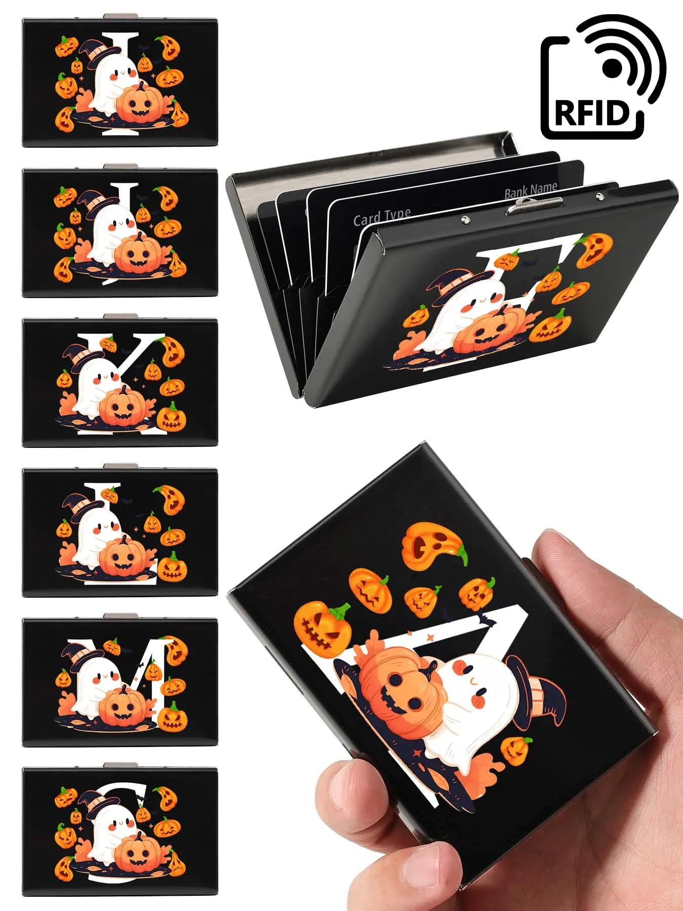 1 printed metal credit card clip, mini credit card wallet RFID blocking ultra-thin metal hard shell wallet, Halloween pumpkin print ultra-thin metal wallet, suitable for credit cards and documents