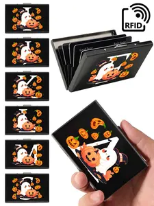 1 printed metal credit card clip, mini credit card wallet RFID blocking ultra-thin metal hard shell wallet, Halloween pumpkin print ultra-thin metal wallet, suitable for credit cards and documents