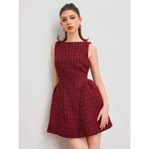 Cider Tweed Boat Neck Zipper Ruffle Mini Dress