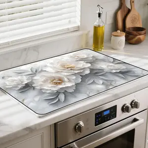 JOYFINITY Heat-Resistant Glass Stove Top Cover with Anti-Slip Rubber Coating – Electric Stove Protector, Scratch-Resistant, Expands Counter Space, Stylish Kitchen Decor (Peony, 28.4*20.5 in)