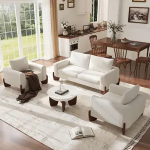 [Bellemave] Modern 3-Piece Bouclé Sofa Set, 1 Loveseat & 2 Armchairs, Pinewood Frame with Rubberwood Legs, Comfortable Modular Sofa for Living Room & Family Room