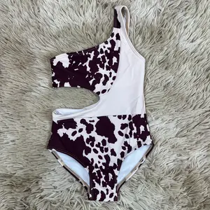 Cowhide print western girls summer one piece swimsuit