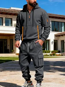 Unisex Men Winter Tech Fleece Hoodie Sweatpants Set Multi Pocket Zipper Drawstring Comfortable Casual Warm 2026