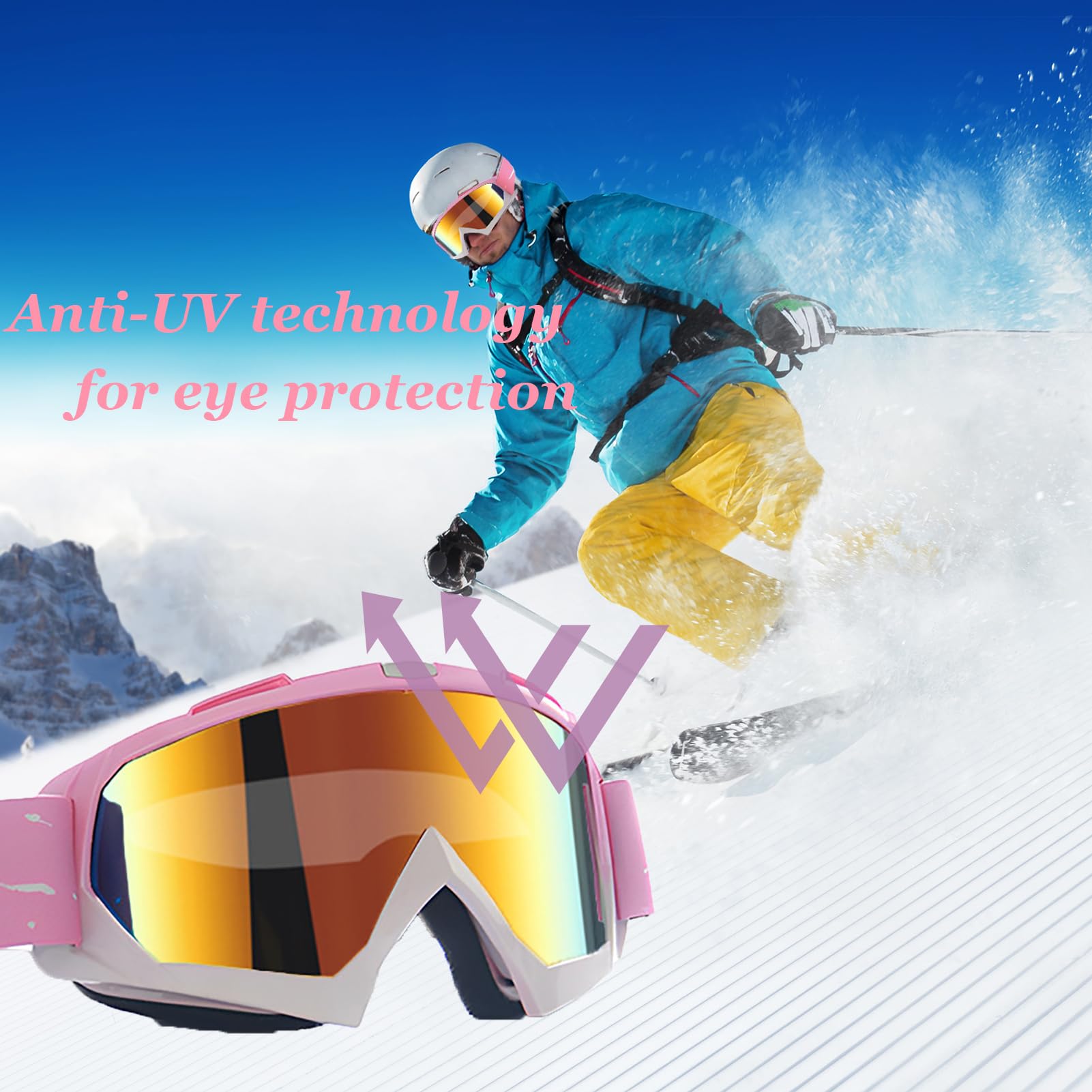 Pink Aesthetic Ski Goggles, UV Protection Anti-Fog Snowboard Goggles, Wide View Motocross Goggles For Women Teenagers Adult