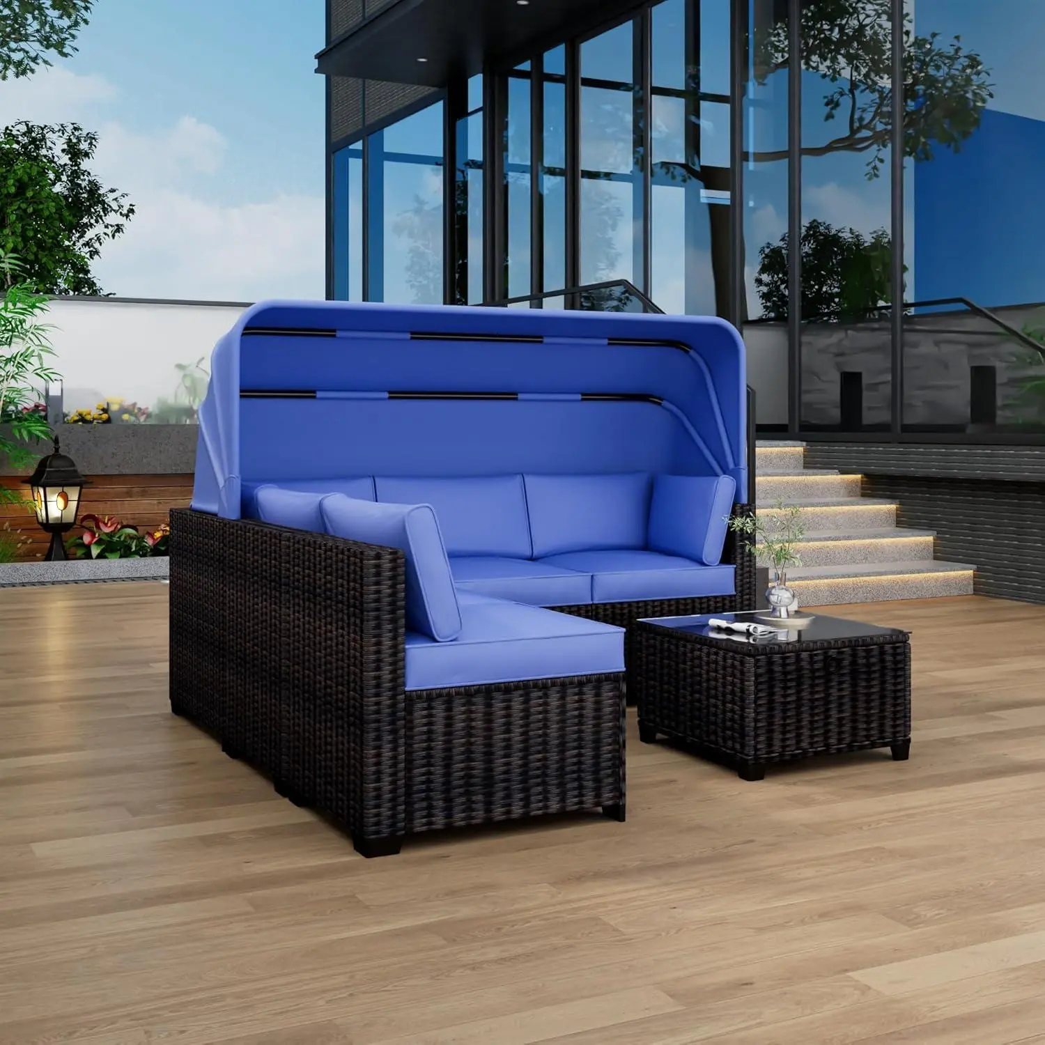 6 Piece Set of Outdoor Daybeds, Daybed with Retractable Canopy, Outdoor Furniture with Canopy, Out Patio Lounge Set with Adjustable Backrests, Garden Poolside Backyard,Brown&Blue