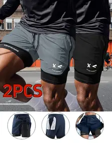Men's 2-Pack Sporty Casual Shorts, Dual-Layer Anti-See-Through, Stretch Breathable Quick-Dry, Running Sports Shorts, Bull Print, Ideal for Gym Beach Outdoor Activities