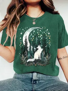 Women's Crew Neck T-Shirt, Forest Moon White Fox Print, Multiple Colors Available, Machine Washable, Spring & Summer Top, Soft Skin-Friendly Fabric, Daily Versatile, Fashion Design