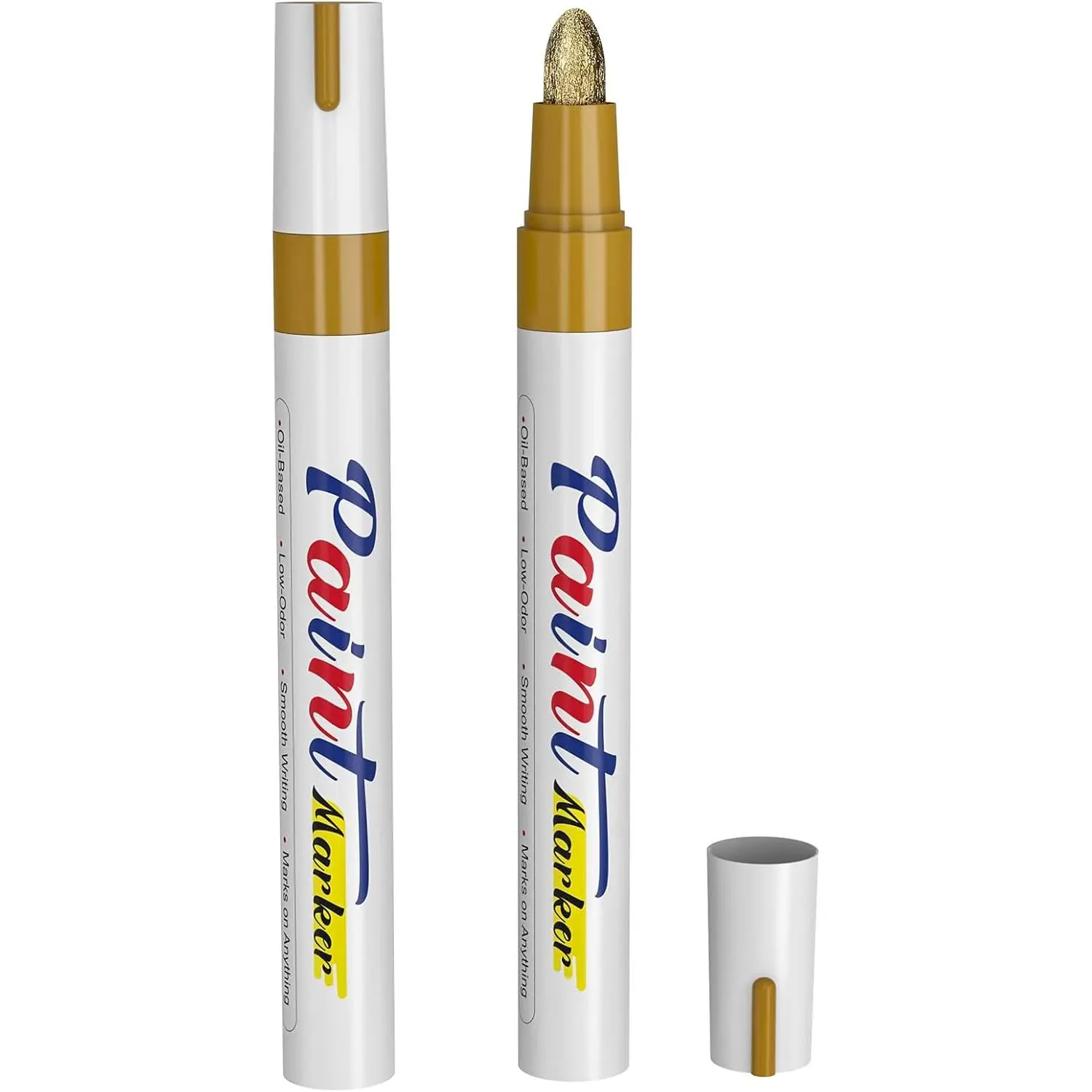 MaxGear Oil-Based Paint Pens, 2-Pack Medium Tip Gold & White Permanent Markers, Fluid Ink, Precision Writing, Long-Lasting Fade-Resistant Odorless Quick-Drying Finish, No Battery Needed for Wood, Metal Rock Art Crafts