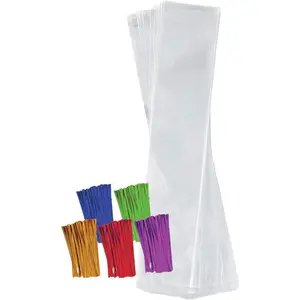 Clear Plastic Cellophane Bags with 4" Colored Twist Ties for Gifts Party Favors (2"x10" 100 Pack)