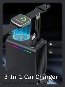 3-in-1 Multi-Function Retractable Car Charger with 45W PD Fast Charging Apple Watch Wireless Charging and RGB LED Ambient Lighting – Universal Multi-Device Car Charger bluetooth