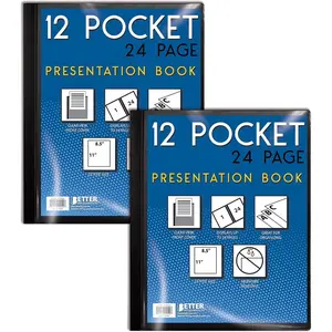 12 Pocket Bound Presentation Book, Black, Clear View Front Cover, 24 Sheet Protector Pages, 8.5" x 11" Sheets, Art Portfolio, Durable Poly Covers, Letter Size, 2 Pack