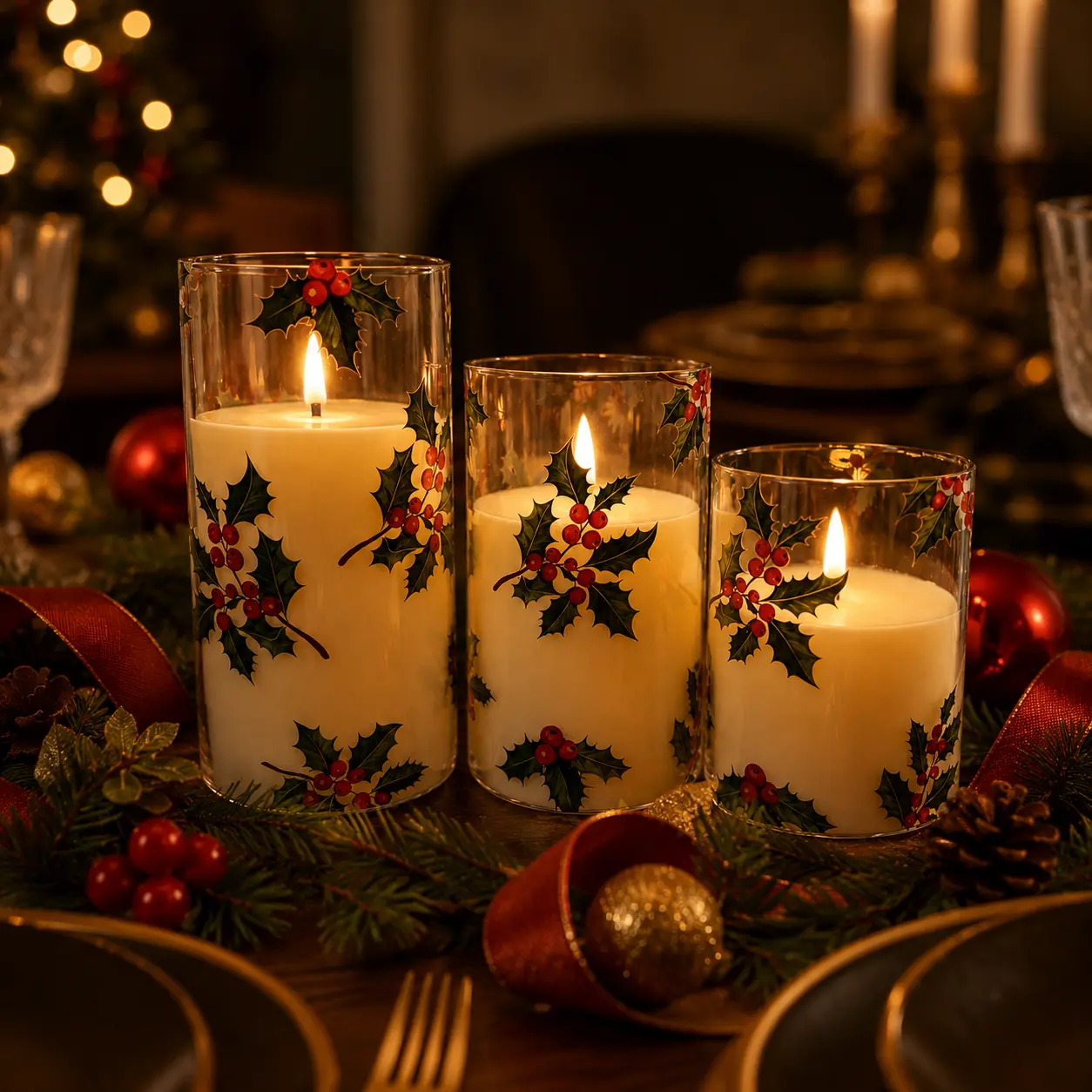3-Piece Set of Christmas Green Leaves and Red Berries Print LED Candle Lights, Smokeless and Flameless Pillar Candles, Suitable for Home Decor in Bedrooms, Living Rooms, Study Rooms, and More