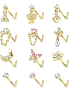 12 Pcs 20g Dangle Nose Rings Studs for Women, Stainless Steel L Shaped Screw Nose Rings, Heart Moon Star Flower Butterfly Cz Piercing Jewelry Nose Hoop