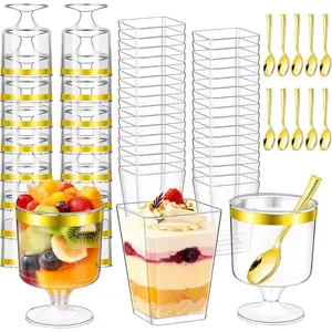 300 count Dessert Cups 5 OZ Parfait Cups Small Plastic Desert Cups with Spoons Clear Mini Serving Shooter Cups Glasse Round Goblet with  Edge for Party Appetizer Fruit Ice Cream Cake Pudding