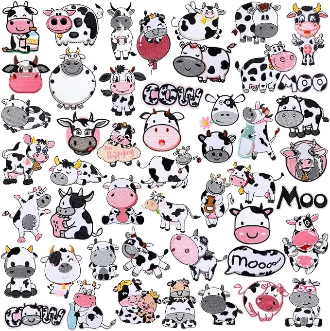 48 Pcs Cow Chenille Iron on Patches, Iron on Hat Patches Cute Animals Bulk Embroidered Patches for Hats Clothes Cute Repair Patches Kit Sew on Applique DIY Accessory for Backpack Pants Jeans