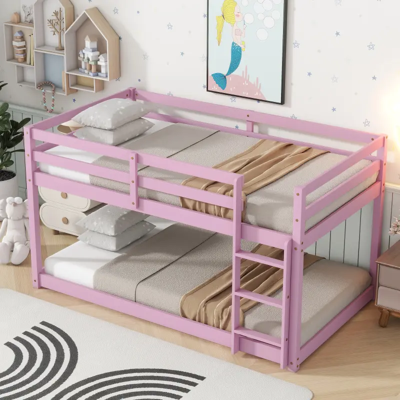 Child-Friendly Twin Over Twin Kids Wooden Bunk Bed Frame - Multi-Child Low Floor Bed with Ladder, Safety Rails, Heavy-Duty Rubber Wood Construction, Simple Design, No Box Spring Required, Pink, Child-Friendly Beds, Multi-Child Beds