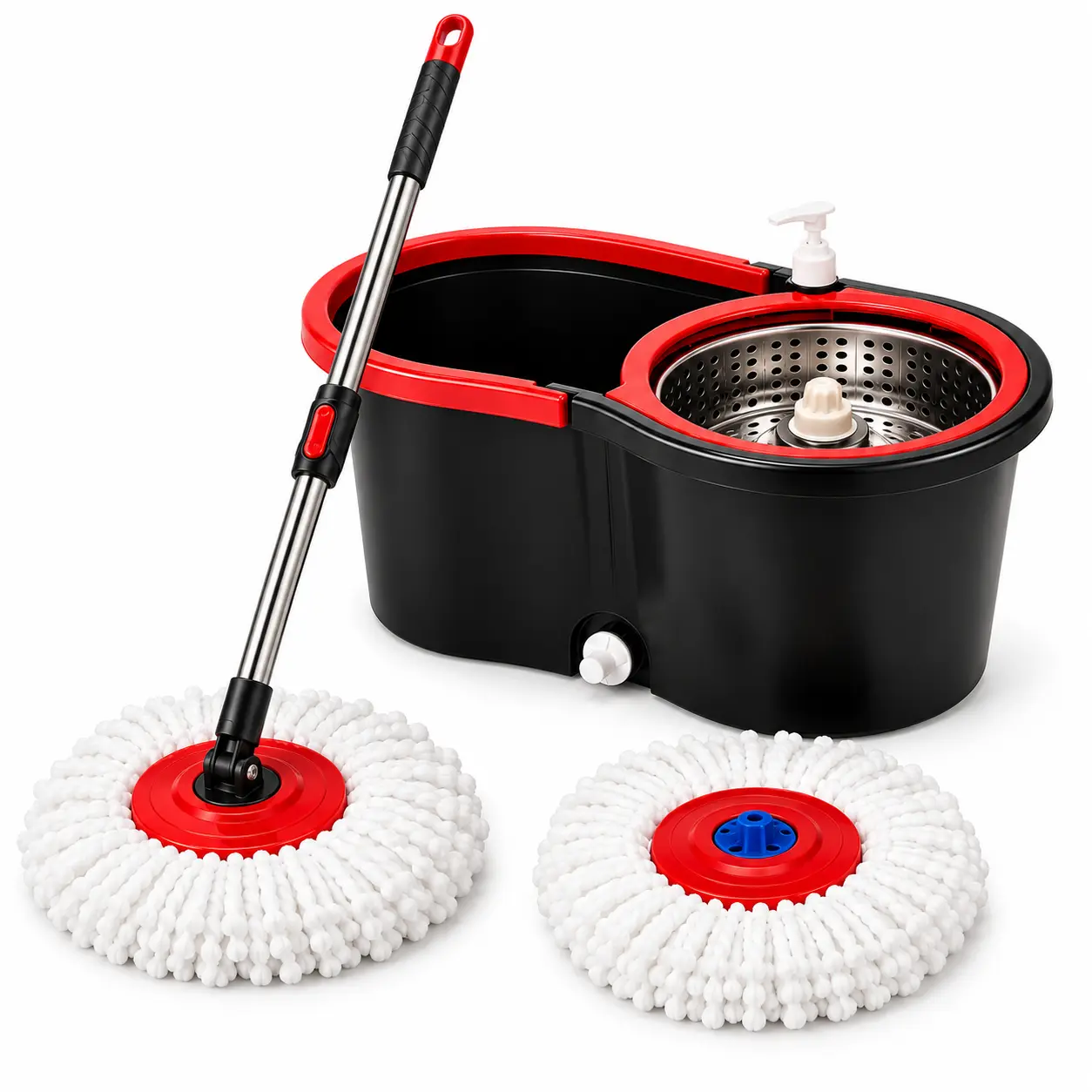 360 Spin Mop System with Stainless Steel Wringer, Soap Dispenser, Drain Plug 2 Microfiber Mop Heads