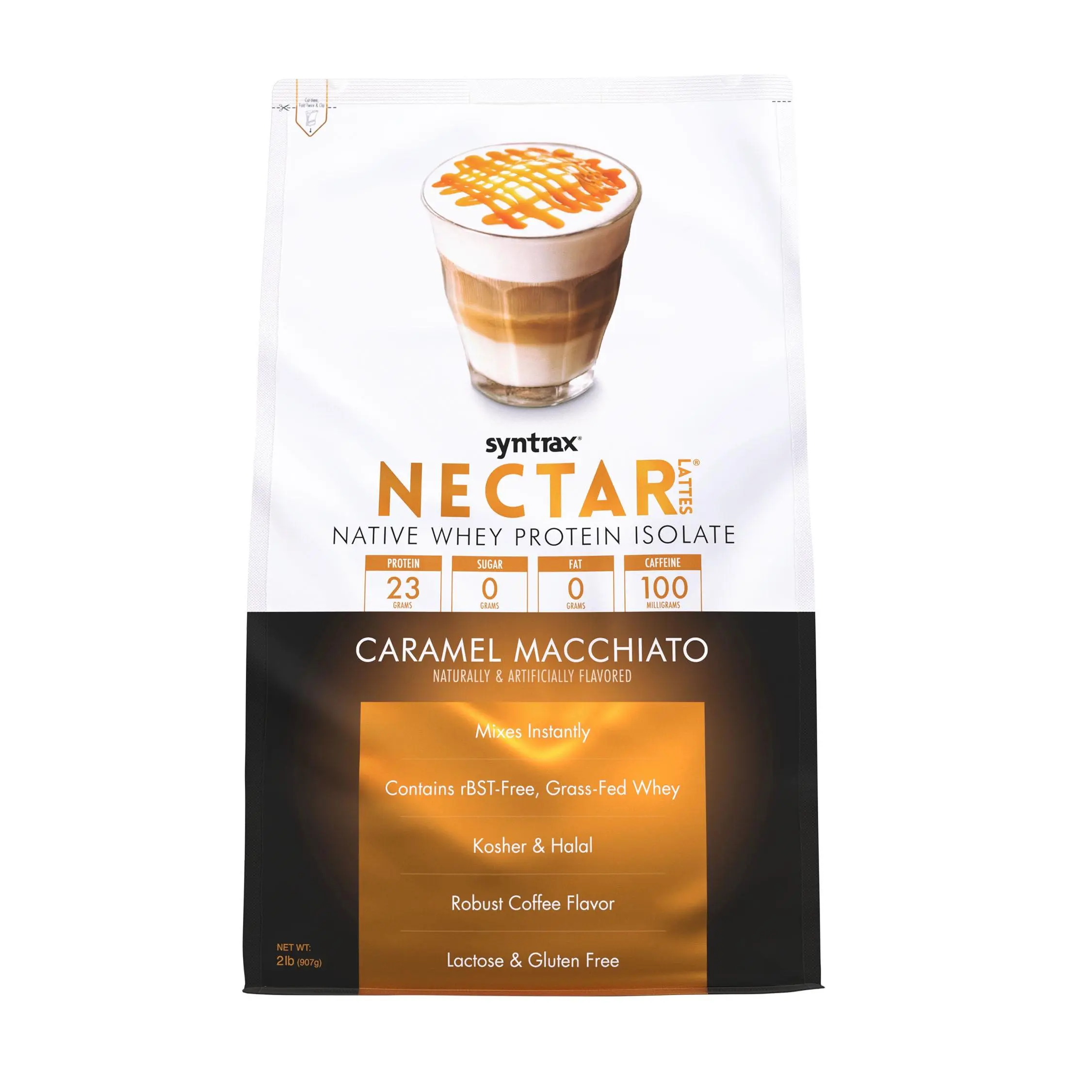 Syntrax Nutrition Nectar Lattes Native Whey Protein Isolate Powder, Caramel Macchiato, 2 lb. 100mg of Caffeine,