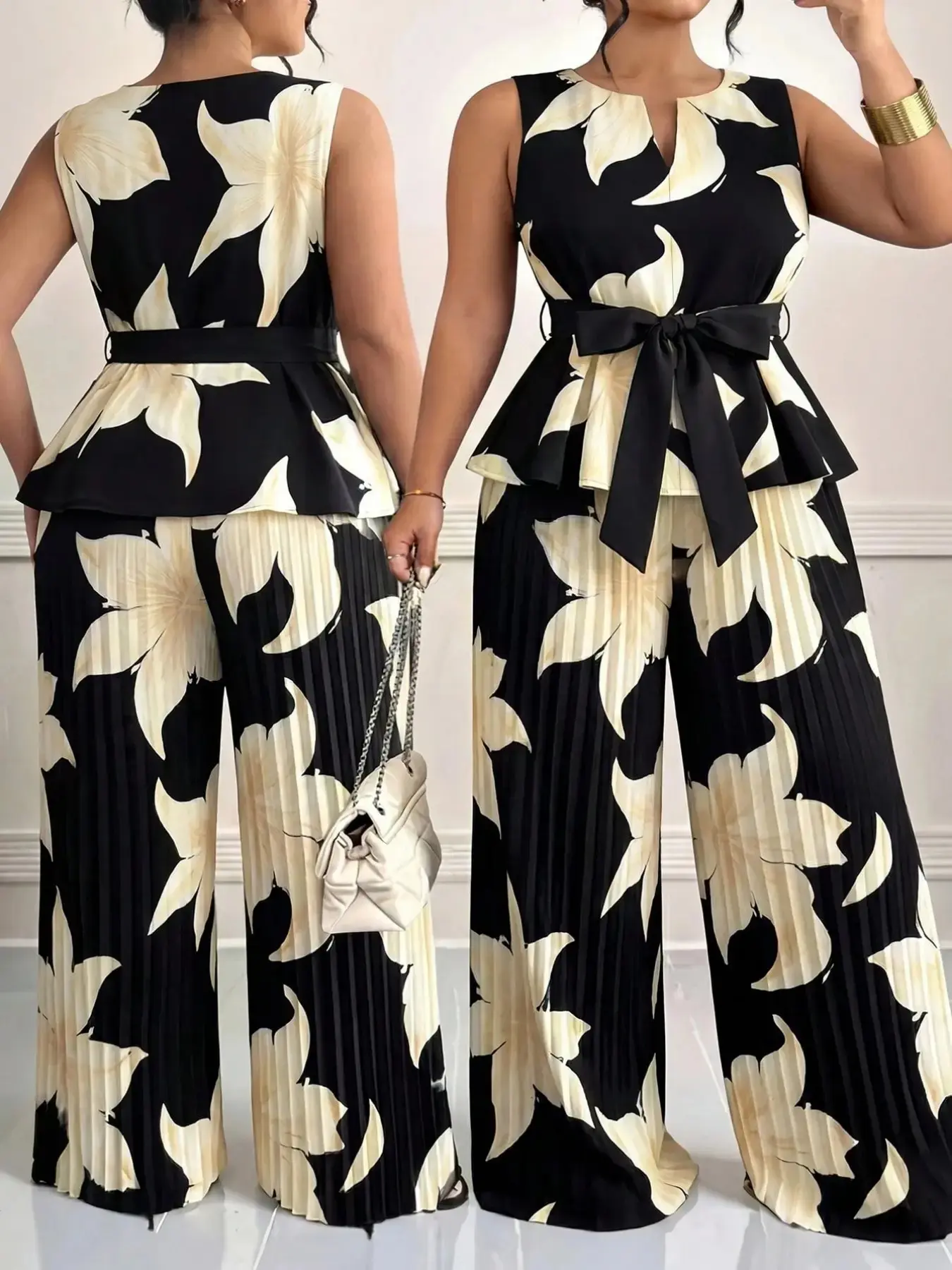 Women's Plus Floral Sleeveless Peplum Top with Pleated Wide Leg Pants Set, Tie Waist Summer Vacation Set