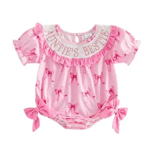 Infant Baby Girl Summer Romper Loose Letter Embroidered Bow Smocked Short Sleeve Jumpsuit 0-18 Months